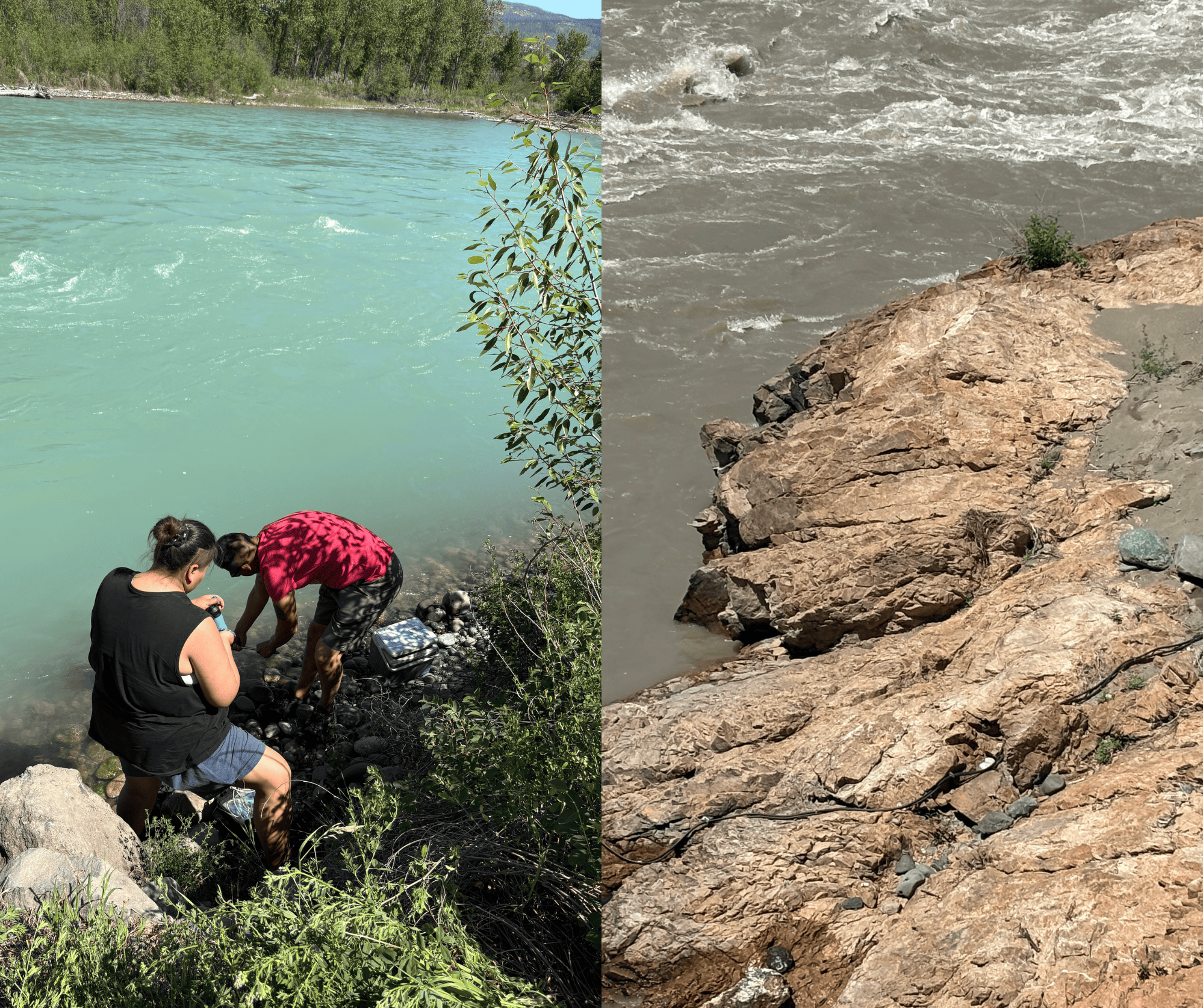 Visible difference in water quality immediately upstream (left) and downstream (right) of landslide area almost a year after the landslide (July 1, 2025).