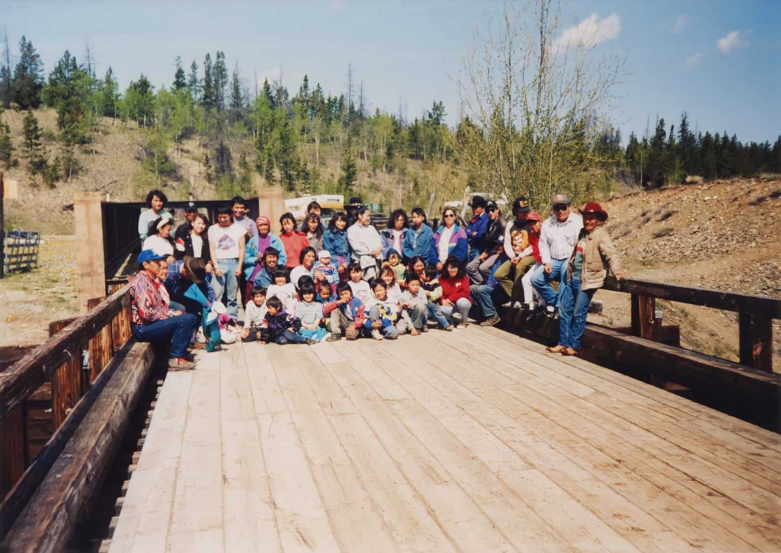 Tŝilhqot’in and supporters gathered on the bridge at Henry’s Crossing during the 1992 blockade against logging in the Brittany Triangle.