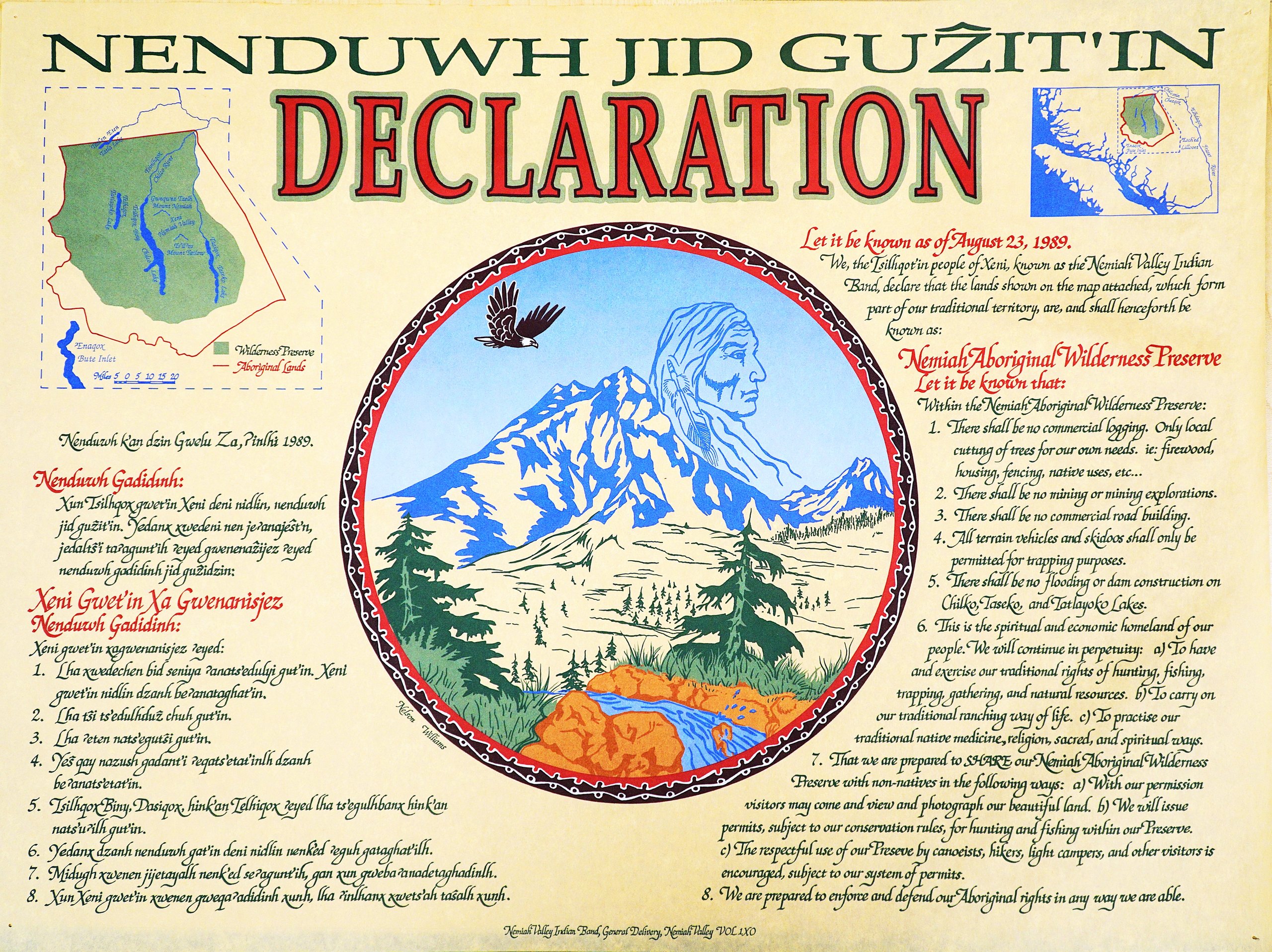 Nenduwh Jid Guẑit'in, the Nemiah Declaration, proclaimed August 23, 1989, in Tŝilhqot'in and English